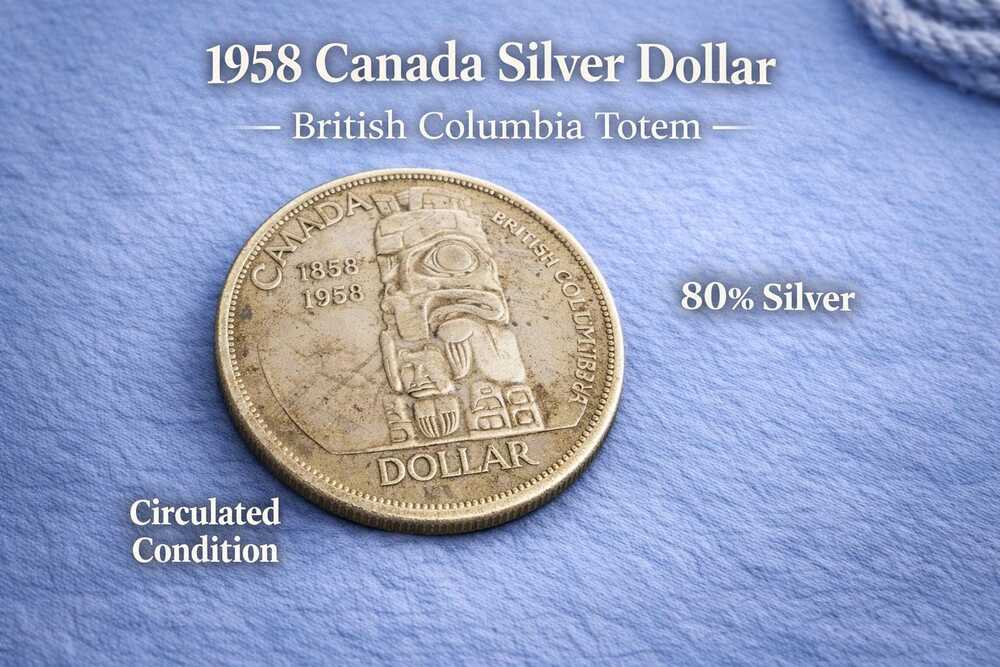 1958 Canada Silver Dollar | British Columbia Totem | 80% Silver | Centennial 185